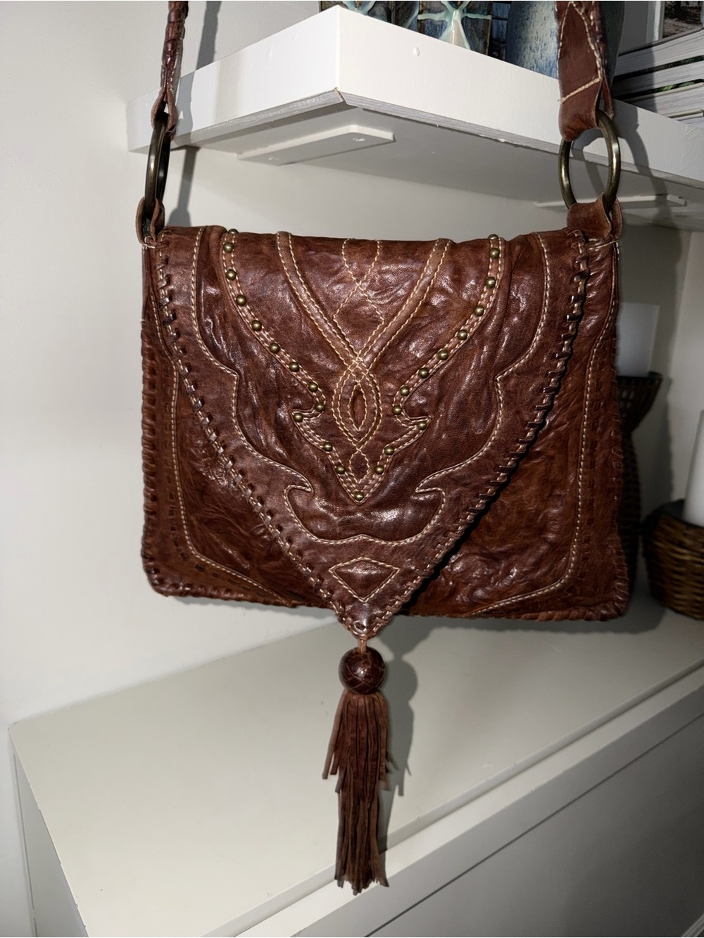 James Drake Brown Leather Studded Tassel Shoulder Bag Boho Western